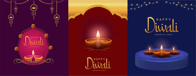 Happy Diwali Poster with Diya Lamp and Peacock Vector Illustration. Indian festival of lights Design