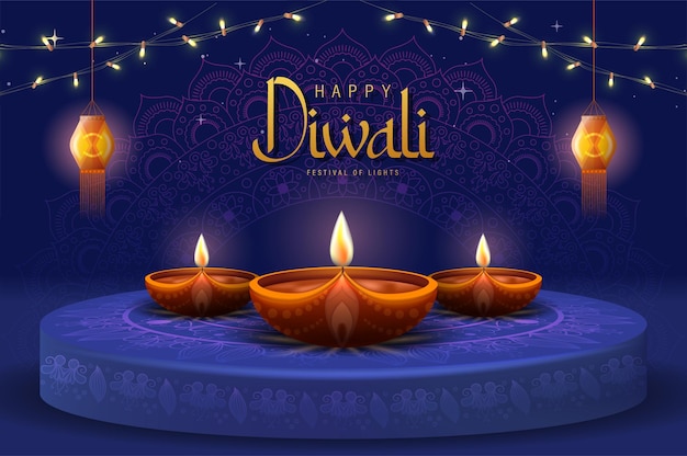 Happy diwali poster with diya lamp and peacock vector illustration. indian festival of lights design