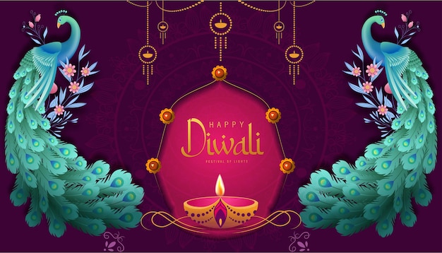 Happy Diwali Poster with Diya Lamp and Peacock Vector Illustration. Indian festival of lights Design