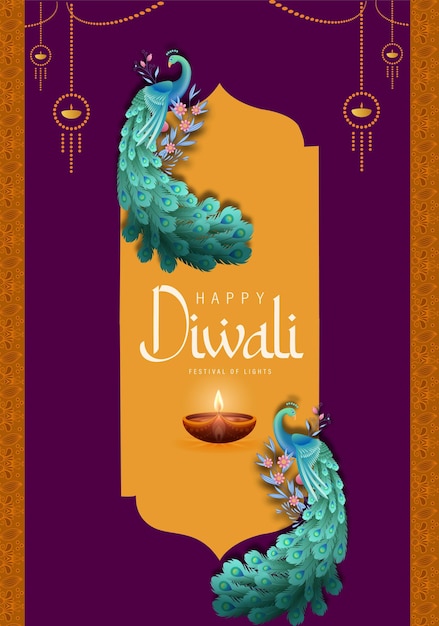 Poster di diwali felice con lampada diya e illustrazione vettoriale di pavone. festival indiano delle luci design