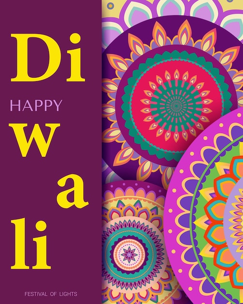 Happy diwali sfondo viola con elementi floreali di diwali e modelli di mandala vettoriale