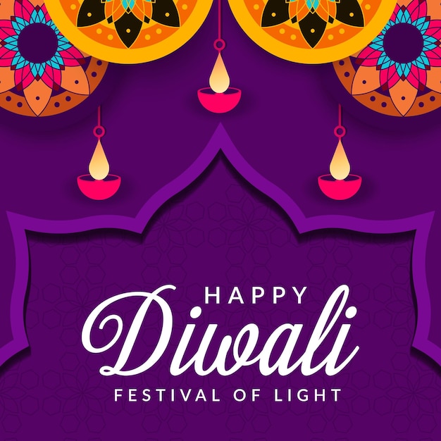 Happy diwali in purple background with diya decoration and rangoli art