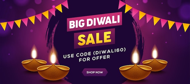 Happy Diwali Sale banner met diya olielamp en confetti elementen op roze achtergrond bokeh effect