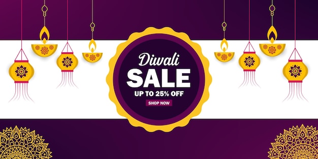 Happy diwali sale banner with hanging diya