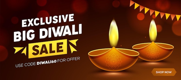 Happy Diwali Sale design with diya oil lamp elements on brown background, bokeh sparkling effect