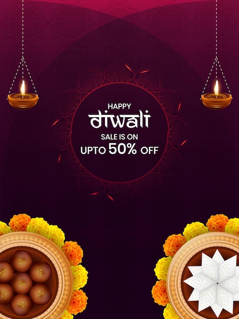 Happy Diwali sale is on Illustration of indian sweets and oil lamps on purple background