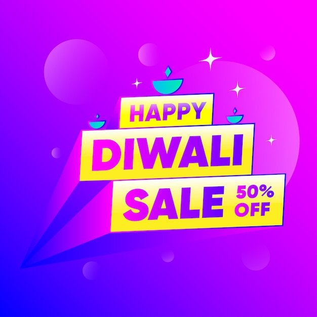 Happy Diwali Sale vijftig procent korting op premium logo met lamp en stralende festivalachtergrond.