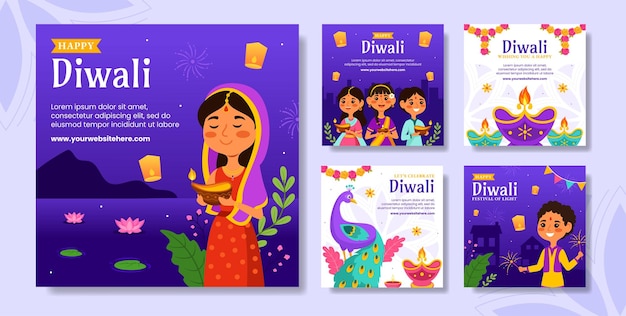 Happy diwali social media post flat cartoon hand drawn templates background illustration