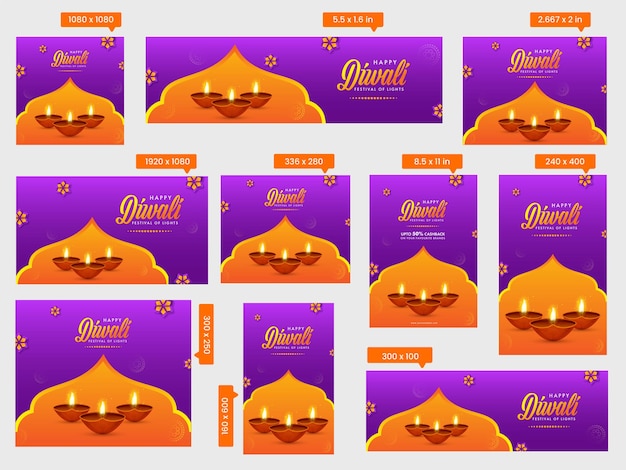 Happy diwali social media templates-collectie met realistische verlichte olielampen (diya) in paarse en oranje kleur.