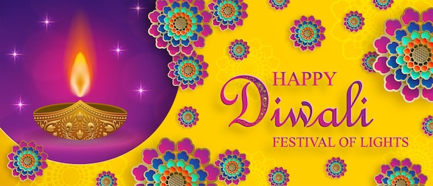 해피 디왈리 벡터 그림 축제 디왈리 및 디파왈리 카드 노란색 배경에 빛의 인도 축제