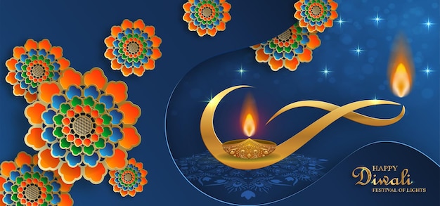 Happy Diwali vector illustration Festive Diwali and Deepawali card The Indian festival of lights on blue color background