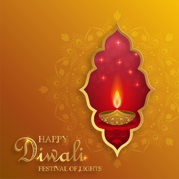 Happy Diwali vector illustration Festive Diwali and Deepawali card The Indian festival of lights on goldcolor background