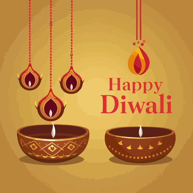 Vector happy diwali vector illustration with burning diyas deepavali indian fesivals of lights