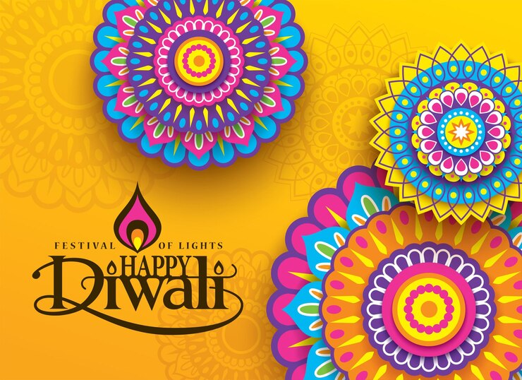 Vector happy diwali-viering achtergrondbannerontwerp versierd met verlichte olielampen op patroon