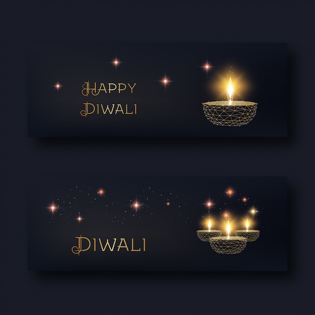 Happy diwali web banners with glowing low poly golden oil lamp diya and text on black .