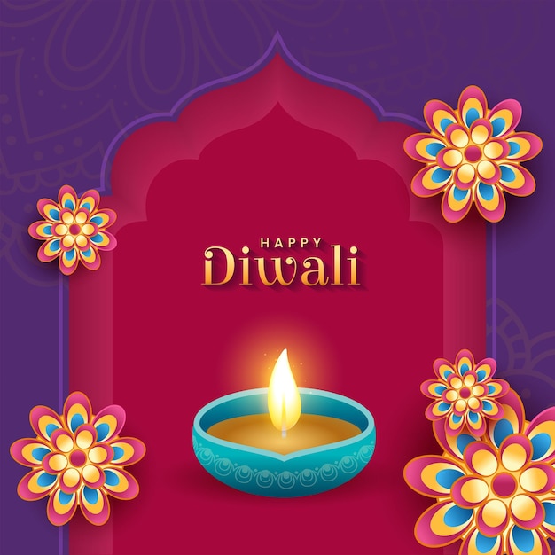 Vector happy diwali wishes design with rangoli and decoretive oil lamp on indian festival background