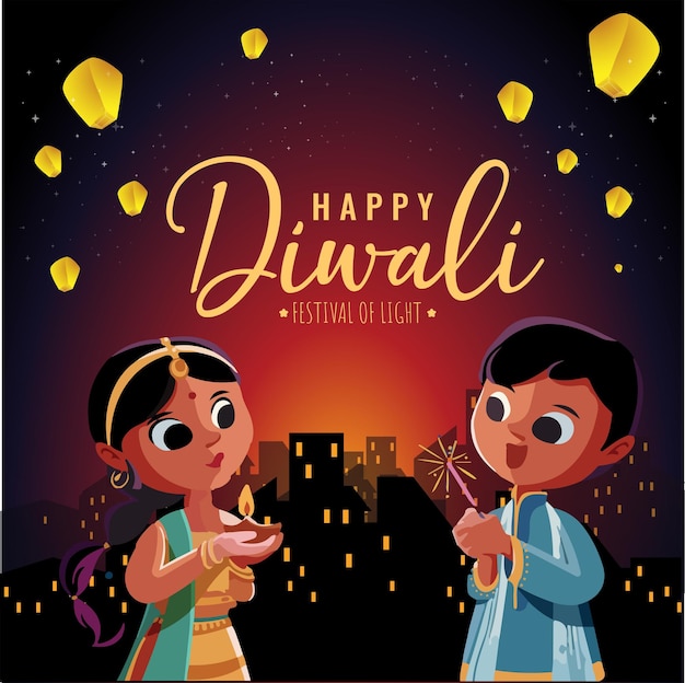 Vector happy diwali with cute couple