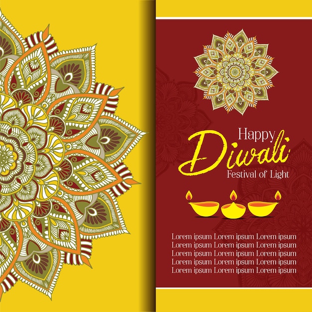 Happy diwali with mandala oil lamp design vector