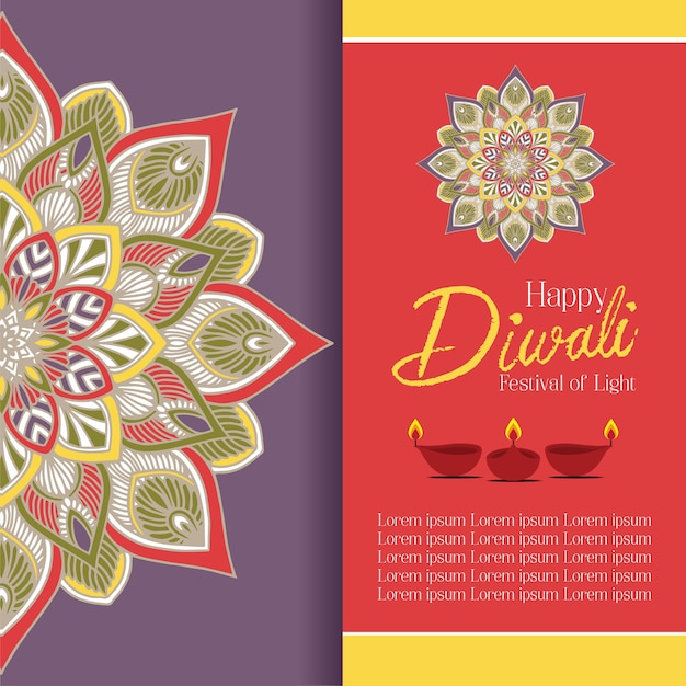 Вектор happy diwali с дизайном дизайна масляной лампы mandala