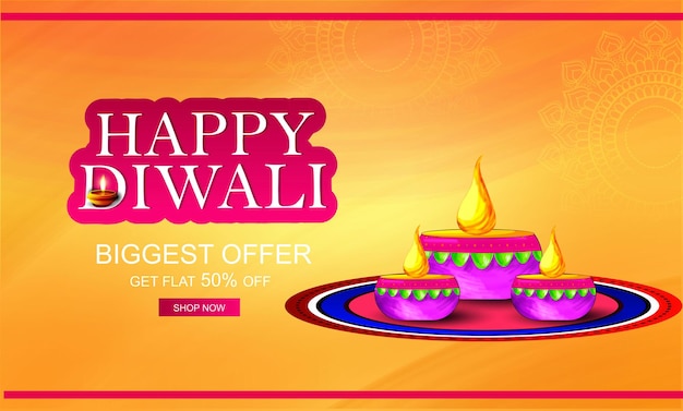 Felice diwali con lampada ad olio realistica elegante diya, carta regalo, poster, banner, sfondo di vendita grande