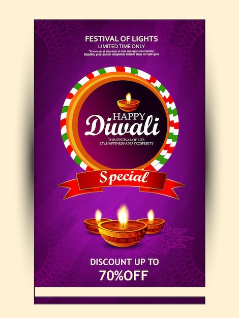 Felice diwali con lampada ad olio realistica elegante diya, carta regalo, poster, banner, sfondo di vendita grande