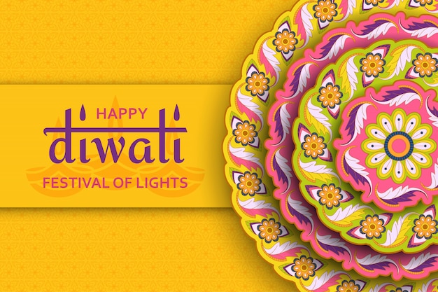 happy diwali yellow template with floral paisley and mandala. festival of lights