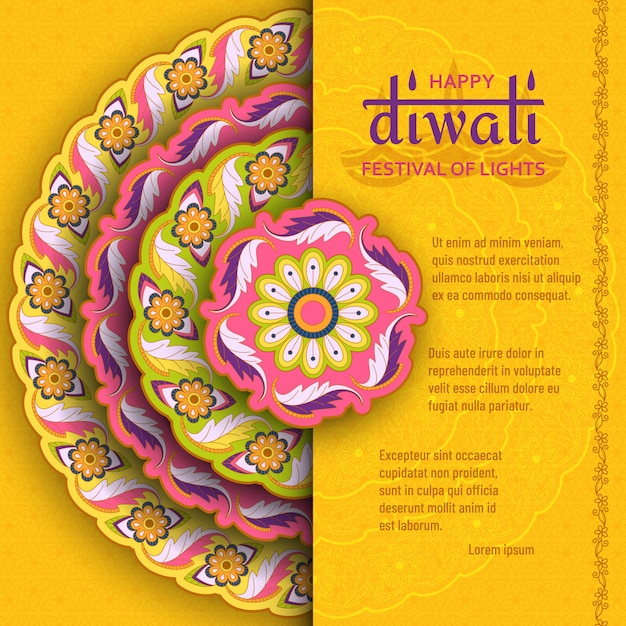 Vector happy diwali yellow template with floral paisley and mandala. festival of lights