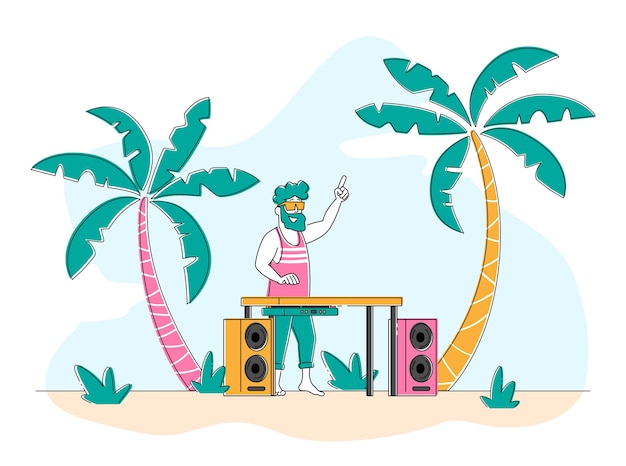 Vector happy dj male character in pink shirt and sunglasses on head