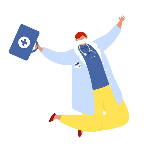 Счастливый врач в медицинском халате и защитной маске прыгает