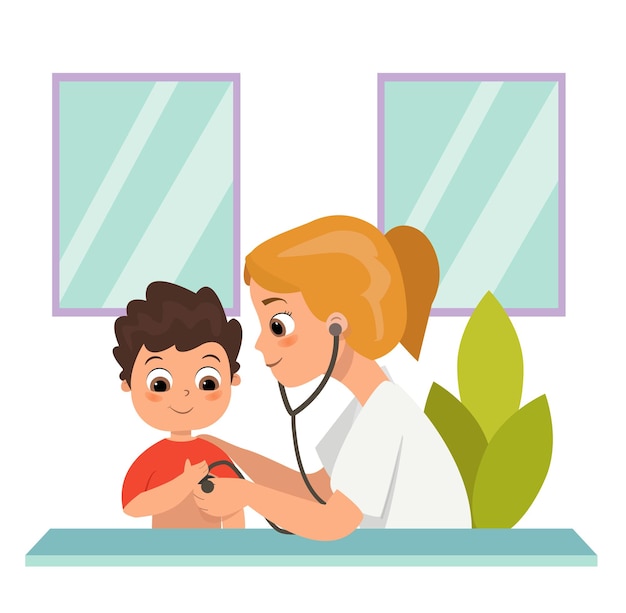 Happy doctor treat kids illnesses. doctor using stethoscope  illustration i