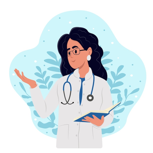 Vector happy doctor in white coat and stethoscope in hands with notebook pointing to side