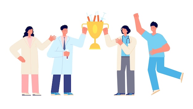 Happy doctors medical team and scientists with golden cup with vaccines science research healthcare and people life and health support vector concept