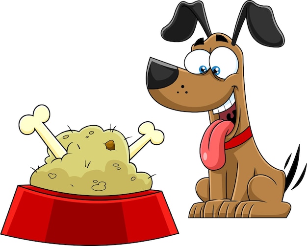 Happy dog cartoon character with bowl food and bones vector hand drawn illustration