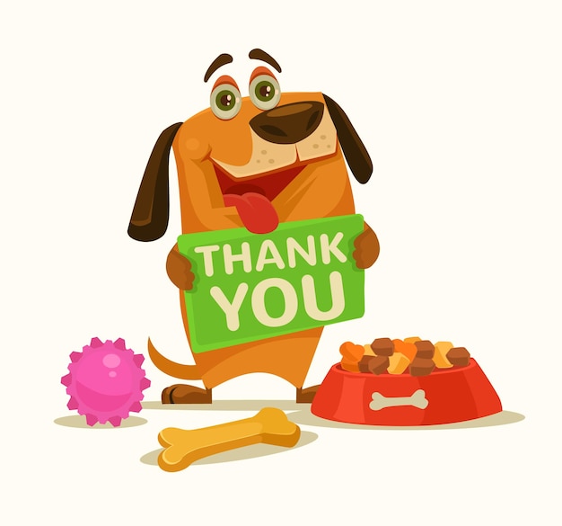 Вектор Счастливый персонаж собаки держит тарелку со словами благодарности