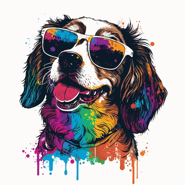 Happy dog Cute and funny dog in sunglasses in vector pop art style Template for Tshirt sticker etc