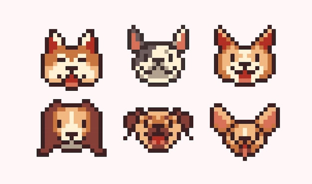 Happy dog faces pixel art set Different doggy breeds collection