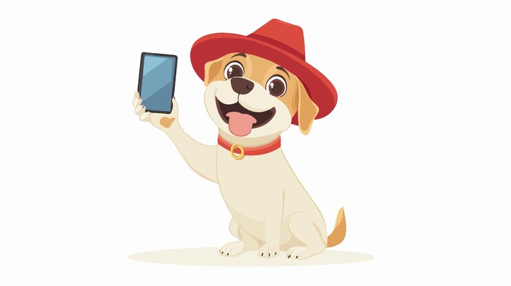 Vector happy dog in hat taking a selfie on vacation