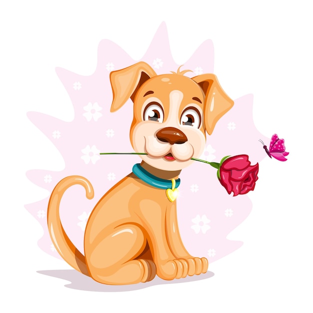 Vector happy doggy with butterfly sits and holds a rose