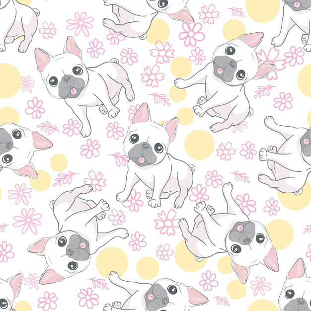 Happy dogs group French bulldog seamless pattern Vector illustration