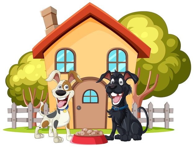 Vector happy dogs outside cartoon home