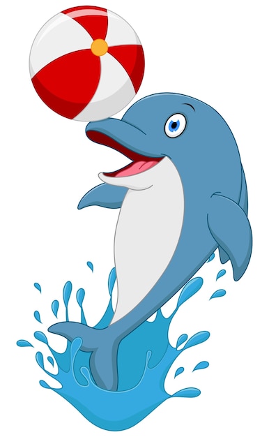 Vector happy dolphin cartoon playing ball