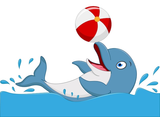 Vector happy dolphin cartoon playing ball