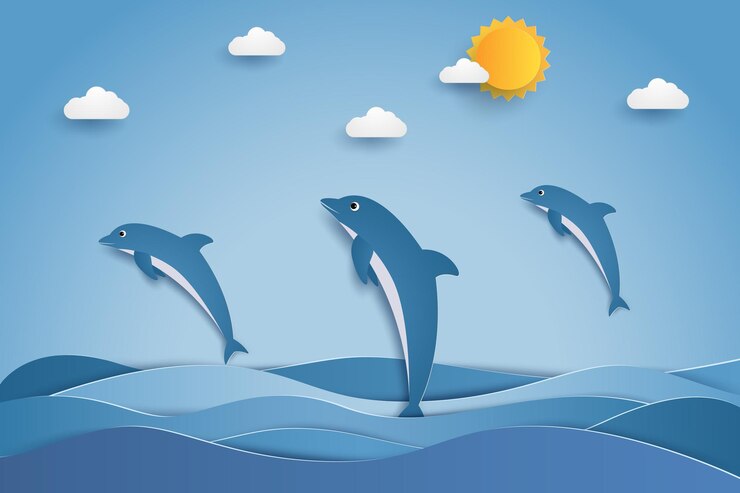Vector happy dolphins jumping in sea waves in paper art style