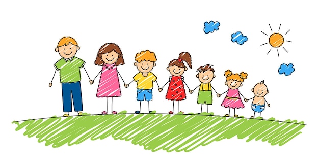 행복 한 낙서 막대기는 여름 공원에서 가족을 망. 손으로 그린 가족 구성원. 어머니, 아버지와 아이들이 손을 잡고 있습니다. 벡터 컬러 일러스트 흰색 배경에 낙서 스타일에서 격리.
