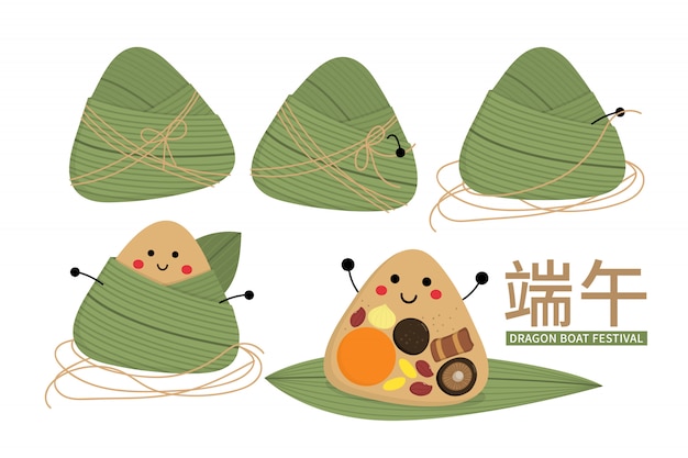 Happy dragon boat festival with cute rice dumpling character