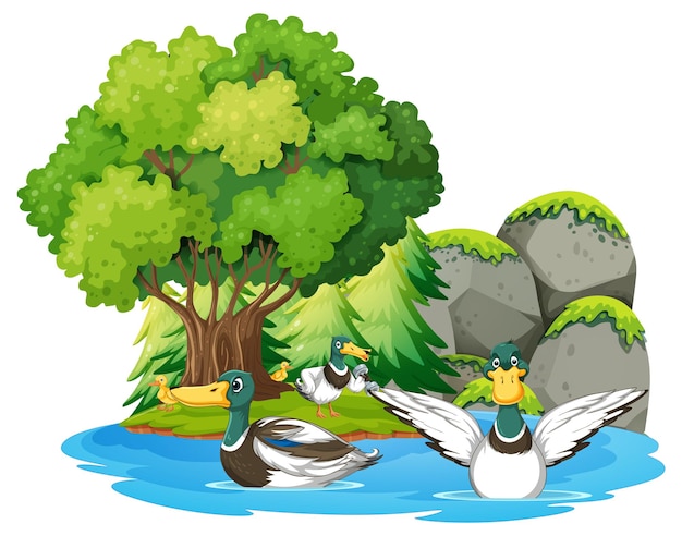 Vector happy duck group in nature scene