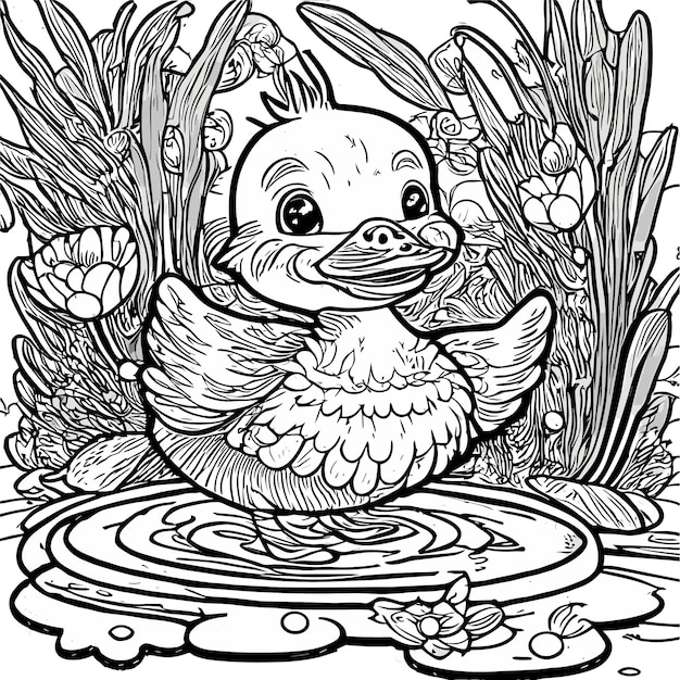 Vector happy duckling splashing joyfully amidst lily pads and colorful flowers coloring page