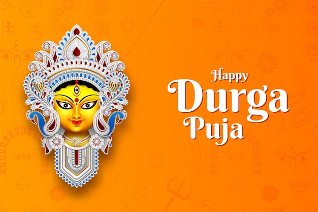 happy durga puja festival banner design in yellow background with goddess durga face illustration