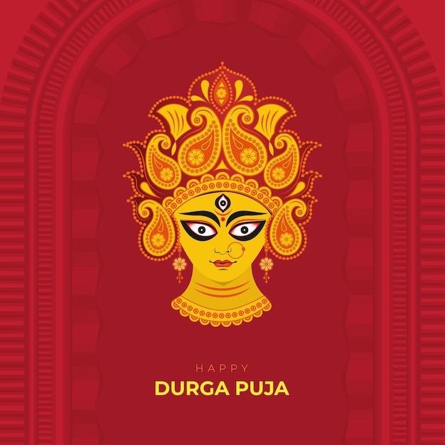 여신 Durga 얼굴 일러스트와 함께 행복 Durga Puja 축제 축하 카드 디자인