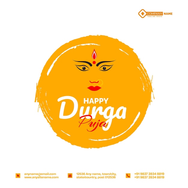 Happy durga puja greeting with goddess and yellow splatter social media post